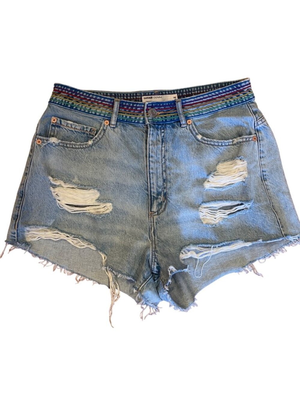 Garage Denim Size 29 Distressed High-Waisted Festival Shorts Rainbow Waistband